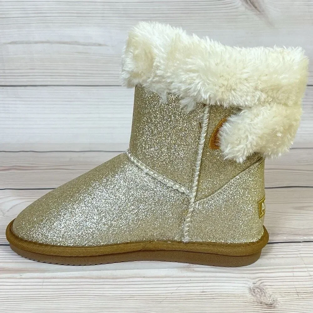 Lamo APRES Girls Size 2 Y Gold Glitter Boots Faux Fur Cozy Sparkly Slip On Youth
